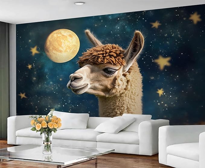 Starry Sky Alpaca Wall Mural, Dreamy Galaxy Moon Alpaca 3D Wall Murals, Cute Animal Wallpaper Mural, for Living Room Bedroom Large Wallpaper Indoor Decor 118" W x 82.6 "H
