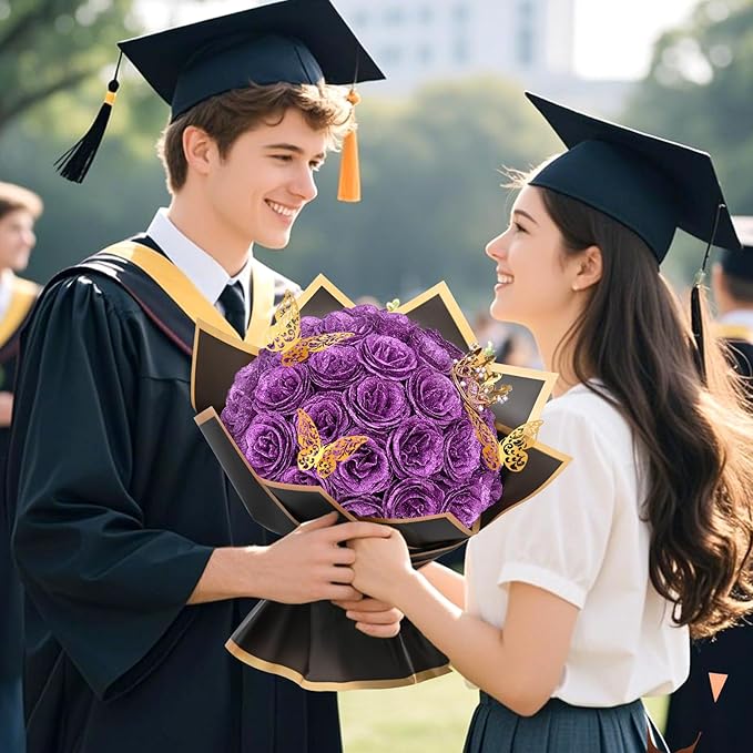 Waipfaru Glitter Roses Bouquet, DIY Lilac Fake Flowers Bouquet, Birthday Gifts for Women Mom, 36 Pcs Rose for Grandma Wife Girlfriend Valentines, Mothers Day, Anniversary, Graduation