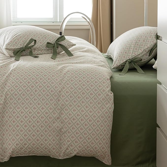 LifeTB Pink Flower Comforter Set Twin XL 3 Pieces Chic Plaid Grid Comforter with 2 Bow Ties Pillowcases Cute Botanical Cottagecore Bedding Set Girls Coquette Bedding Comforter Twin XL Comforter Set