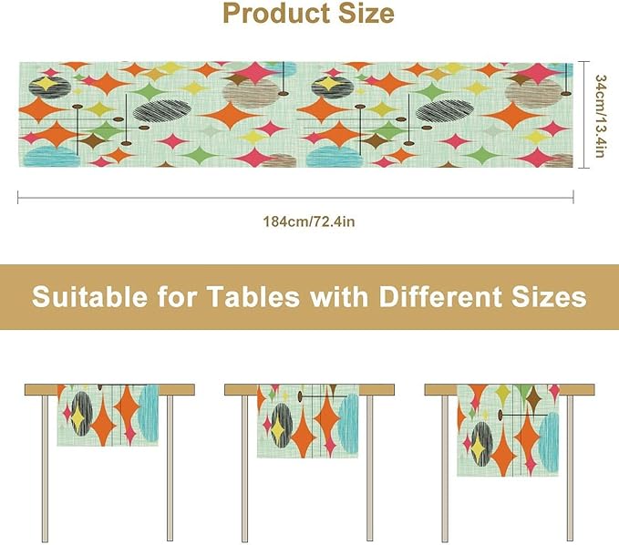 Mid Century Table Runner,Abstract Retro Modern Geometric Colorful Stripe Pattern Print Tablecloth Burlap for Hotel Indoors Outdoor Dining Room Kitchen Holiday Party, 13x108in