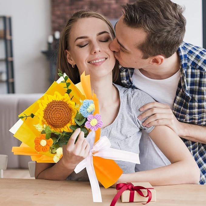 Crochet Flowers Bouquet, Handmade Crochet Sunflower No Maintenance Flower Bouquet for Teacher's Day Mother's Day, Birthday, Wedding, Home Decor(Medium-Orange Sunflower)