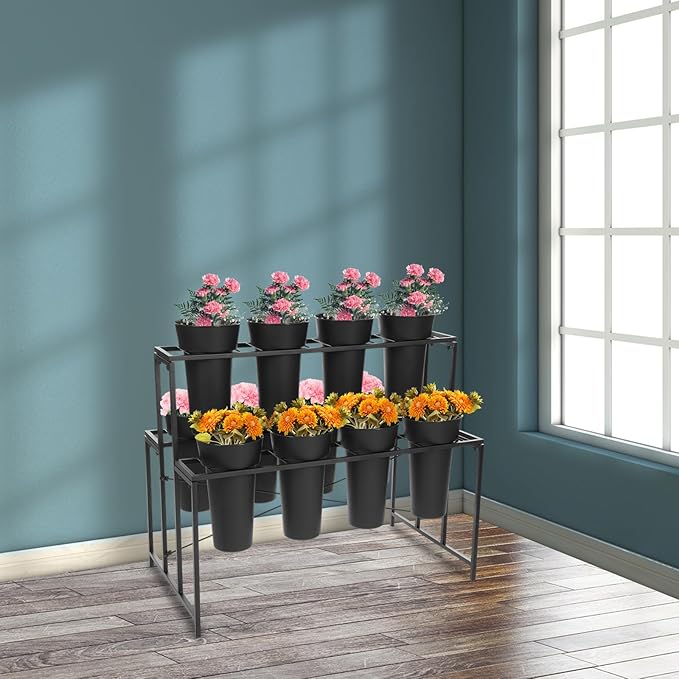 Flower Display Stand with 12 Pcs Buckets 3 Layers Metal Plant Stand Plant Cart Shelf Flower Bucket Rack Stand for Indoor Florist Garden Patio (Black Stand-Black Round Buckets)