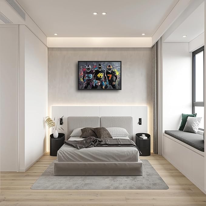 Large Football Wall Art for Living Room, Framed Oversized Graffiti Sport Wall Decor Cool Canvas Painting Pictures for Men Modern Artwork for Living Room Bathroom Bedroom Office Dining Room 36"x24"