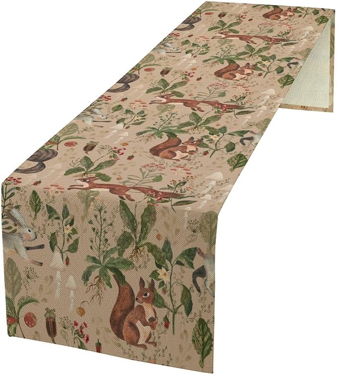 Rustic Woodland Table Runner, Retro Cabin Lodge Fairy Tale Forest Wild Animals Hare Squirrel Print Table Runner for Kitchen Dining Home Decor Wreath Party Decoration, 13x120inch