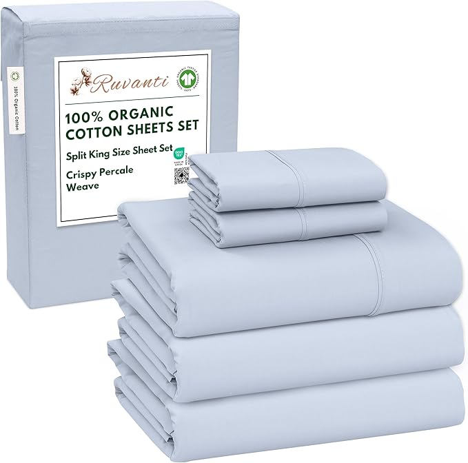 RUVANTI 100% Organic Cotton Sheets Split King, Percale Weave, GOTS Certified, 5-Piece Set, Deep Pocket 15", Crisp & Breathable, Soft Durable Bedding, Sábanas Algodón Orgánico – Arctic Ice