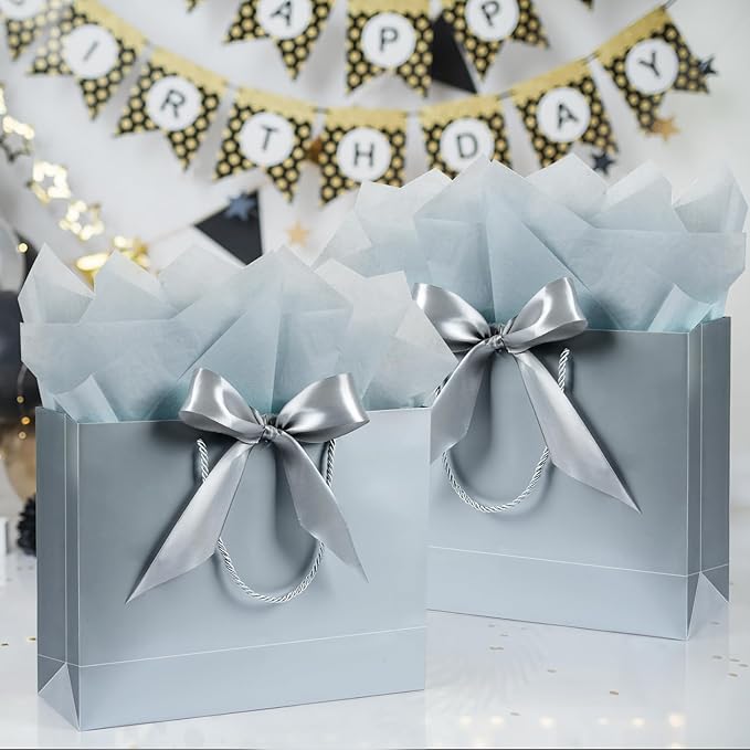 Large Gift Bags, 2PCS Gift Bags with Handle Tissue Paper Greeting Card, 13’’ Portable Birthday Gift Bag Set, Silver Present Bags for Birthday Party Favor Wedding Baby Shower Father’s Day, 13x10x4inch