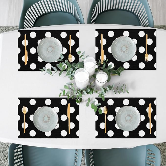 Black White Polka Dot Placemats Set of 4 PVC Vinyl Non Slip Table Mats Waterproof Heat Resistant Place Mats Washable Wipeable Dining Table Mat for Kitchen Party Farmhouse Indoor Outdoor Decorative