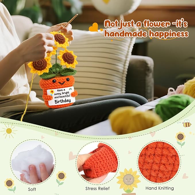 Mini Birthday Gifts for Women – Handmade Crochet Sunflower, Unique Desk Décor Birthday Decorations, Thoughtful Gifts for Women Unique Present for Teacher, Coworker,Mom,Grandma, Wife, Friends