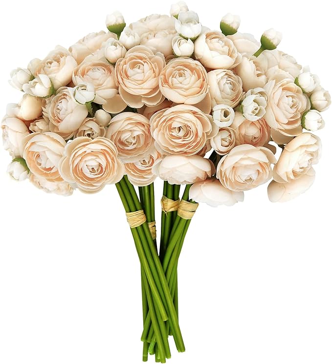 24 Pcs Ranunculus Artificial Flowers 10.5", Mini Faux Silk Ranunculus with Stem, Fake Flowers for Home Decor Indoor Wedding Bouquets Centerpieces (Champagne)