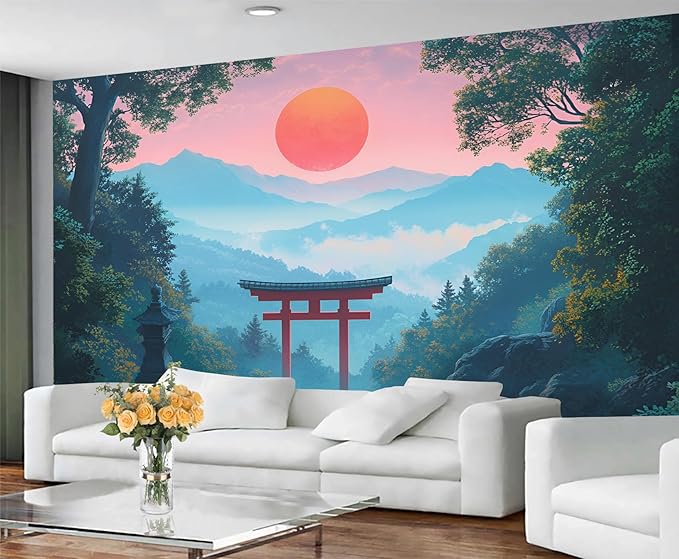 KIREUPA Japanese Torii Gate Wall Mural, Sunrise Mountain Landscape 3d Wall Murals, Zen Nature Art Wallpaper Mural, for Living Room Bedroom Large Wallpaper Indoor Decor 118" W x 82.6 "H