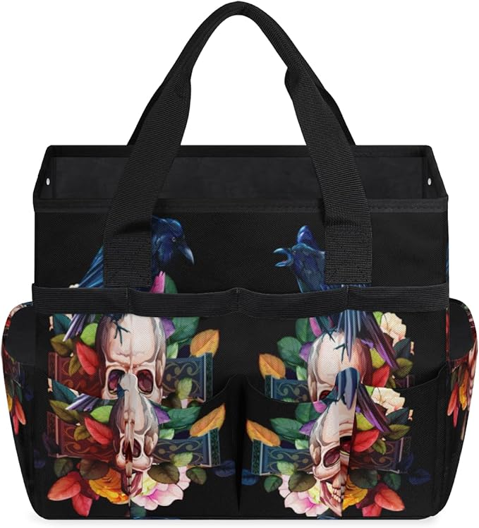 Garden Tool Tote Bag for Women Men Raven Skull Rose Gardening Tool Storage Bags with 10 Pockets Standable Garden Home Tool Kits Organizer for Indoor Outdoor Gardening Gifts