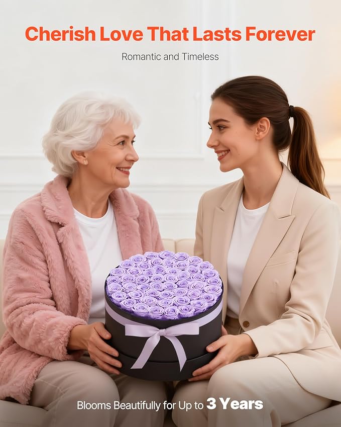VEVOR Forever Flowers, 50 Preserved Roses in a Box, Eternal Flowers Immortal Bouquet Birthday Present for Women Her Wife Mothers, Anniversary, Valentine's Day,Christmas, Lavender Purple