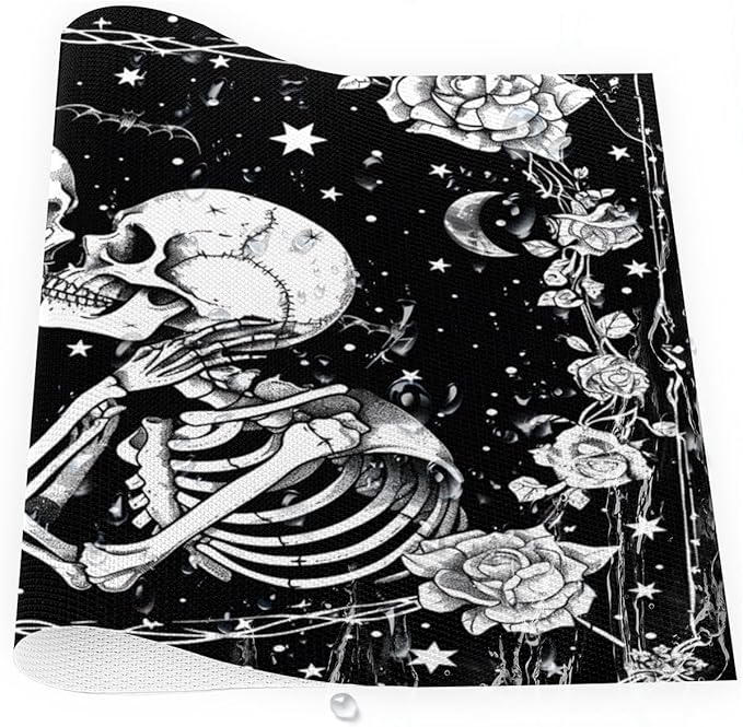 Halloween Skull Goth Flower Placemats Set of 1 PVC Vinyl Non Slip Table Mats Heat Resistant Place Mats Washable Wipeable Dining Table Mat for Kitchen Decor Party Indoor Outdoor Decorative Gift