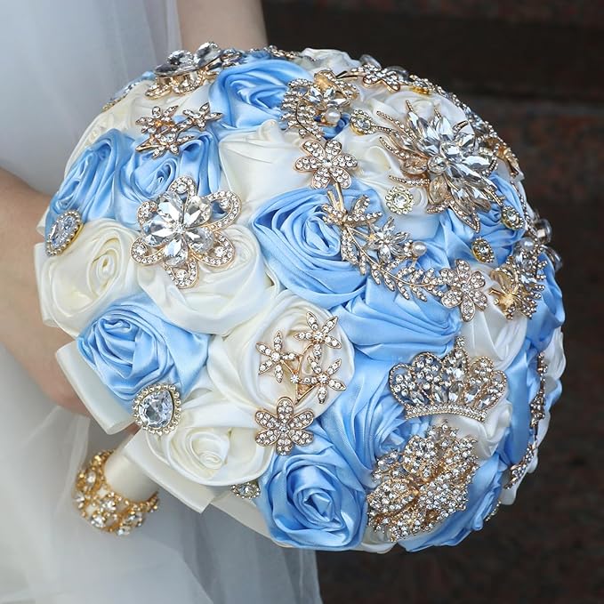 Handmade Satin Rose Floral Bling Pearl Decor Bridal Wedding Bouquet Rhinestone Pendant Artificial Brooch Flowers for Bride Bridesmaid Quinceanera