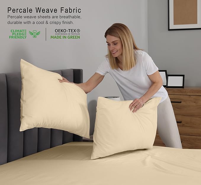 RUVANTI 100% Cotton King Size Sheets Set, 4 Pieces, Soft & Breathable Percale Weave Bedding, Deep Pocket 16", Hotel Standard, Crisp Cool Feel, Durable, Perfect Dyed Bed Sheet, Beige