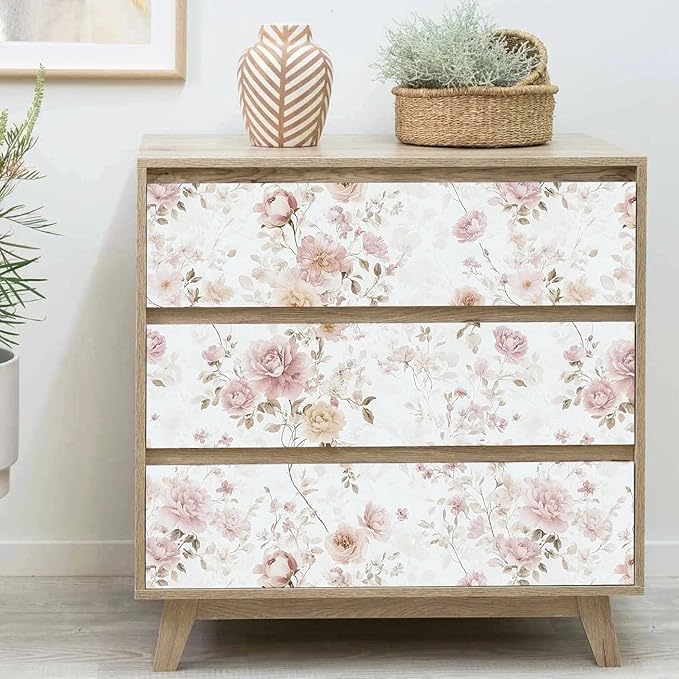 Vintage Floral Peel and Stick Wallpaper Pink Vintage Contact Paper 17in×196in Pink Rose Wallpaper Self Adhesive Removable Boho Wall Paper Waterproof for Bathroom Bedroom Decorative Vinyl Roll