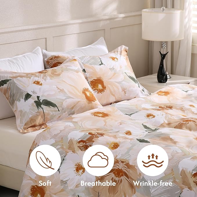 LONAVA Queen Flower 3 Pcs Duvet Cover Set, Breathable Soft Microfiber Biege Lining Comforter Cover with Zipper Closure, and 2 Anti-Pilling, Fade Resistant Pillowcases, Golden Flower