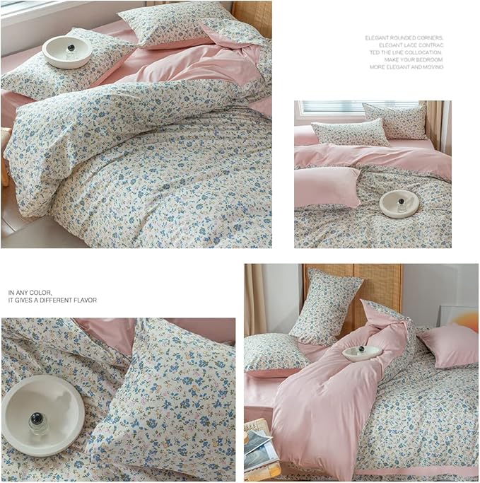 EAVD Vintage Style Garden Botanical Floral Duvet Cover Queen Soft 100% Cotton Pink Blue Yellow Floral Bedding Set with 2 Pillowcases Chic Botanical Duvet Cover with Zipper Closure