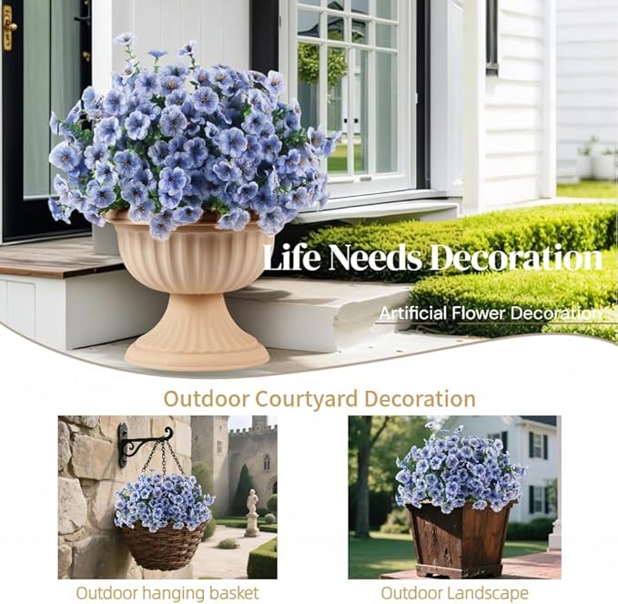 12 Bundles Artificial Flowers for Outdoor, UV Resistant Faux Mums with Eucalyptus Leaves Fake Plants for Outdoor Planters Greenery Boxwood Porch Patio Decoration