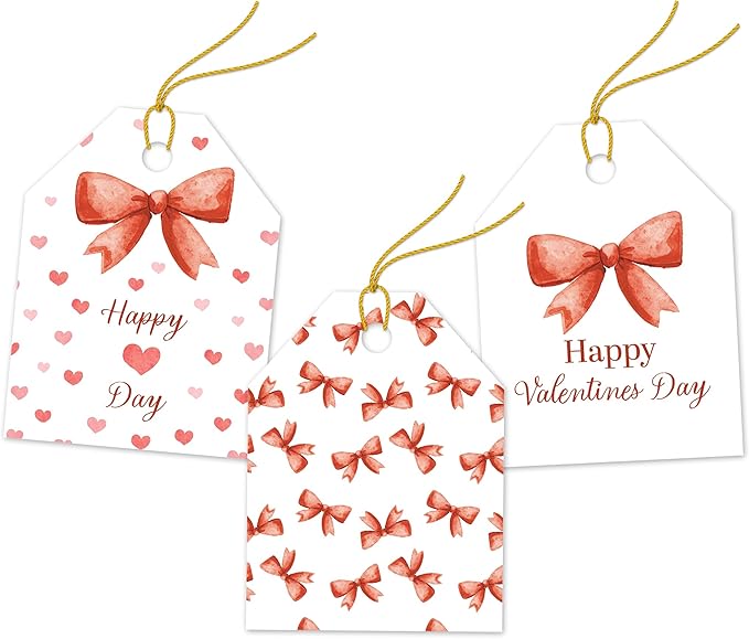 Pro Supply Global 24 Count of 2.5 Inch x 3 Inch Pre Strung Bows Valentine's Day Gift Tag Assorted Printed Designs on Large Cardstock Gift Hang Tags - Ideal to Use on Bags