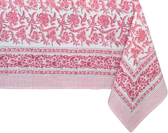 ATOSII Red Bloom 100% Cotton Tablecloth, Handblock Print Square Table Cover for Kitchen Dining I Tabletop Linen I Parties, Wedding, Spring SummerTable Cloth 60 X 60 Inches