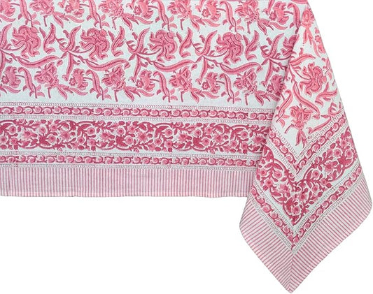 ATOSII Red Bloom 100% Cotton Rectangle Tablecloth, Block Print Floral Linen Table Cloth for Dining Parties Outdoors Weddings Holidays I 72 X 108 Inches, 8 Seater, Summer Farmhouse Grandmillennial