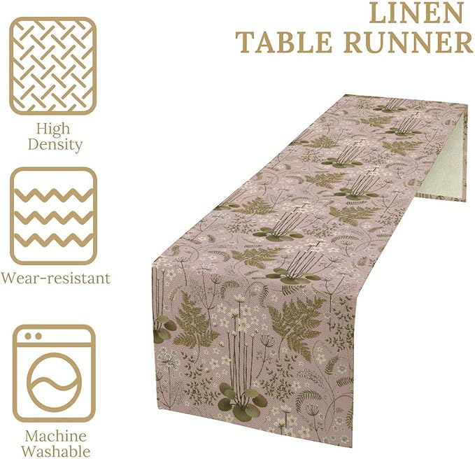 Spring Floral Table Runner, Rustic Retro Field Herbal Plant Purple Pink Wildflower Country Natural Floral Fern Print Table Cover for Indoor Outdoor Dinner Party Decor, 13x60inch
