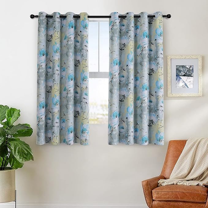 MYSKY HOME Blackout Curtains - 72 Inch Long Blue & Teal Grommet Curtains for Living Room - Room Darkening, Farmhouse Style with Flower Leaves Print
