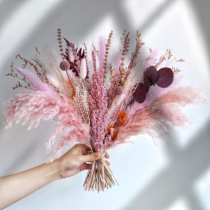 Pampas Grass Decor, Fall Dried Flowers Bouquet - Lavender, Bunny Tails, Eucalyptus & Preserved Flowers for Vases - Rustic Floral Arrangements for Home Wedding Table Centerpiece