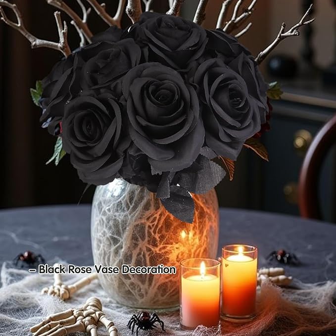 Felice Arts 12 Pack Black Roses Artificial Flowers with Black Stems Silk Roses Fake Flowers Bouquet for Halloween Centerpiece Table Vase Home Inddor Kitchen Party DIY Decor