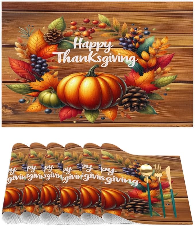 Thanksgiving Pumpkin Holiday Rainbow Placemats Set of 1 PVC Vinyl Non Slip Table Mats Heat Resistant Place Mats Washable Wipeable Dining Table Mat for Kitchen Party Indoor Outdoor Decorative Gift