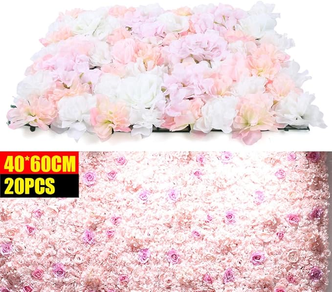 16"x 24" Artificial Flower Wall Panels,Flower Wall Mat Silk Flower Panels for Outdoor Garden Backyard Fence Fence Privacy Screen and Indoor Wall Decor(20Pcs Champagne+Light Pink+White)