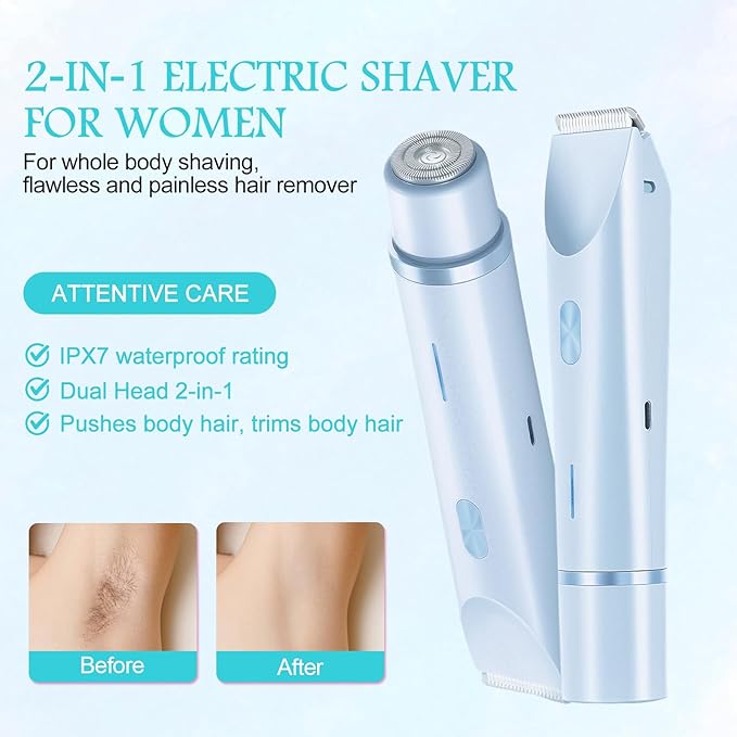 2025 New 2 in 1 Bikini Trimmer for Women, Bikini Shaver with Dual Head, Painless Smooth Shave & Gentle Pubic Hair Removal, Cordless & IPX7 Waterproof Electric Trimmer for Sensitive Skin (Blue)