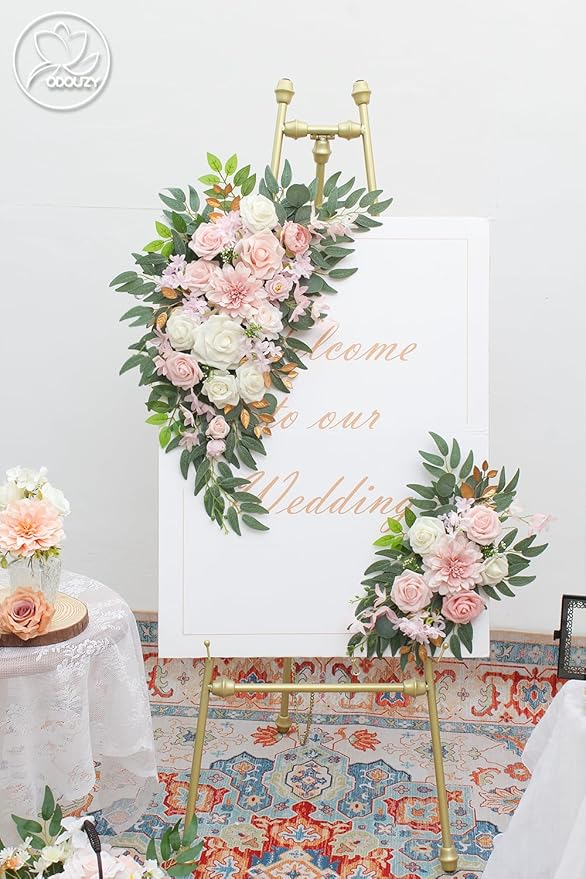 Pack of 2 Wedding Arch Decorations Artificial Hanging Flowers Floral Swag for Wedding Welcome Sign Backdrop Balloon Arch Home Party Bridal Ceremony Reusable (Light Pink)