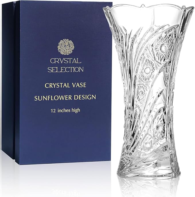 CS Crystal Vase 12-inch high, Sunflower Design, for Flowers & Decor. Lovely Nice Shiny Piece. Perfect as a Gift, Suitable for All Occasions.