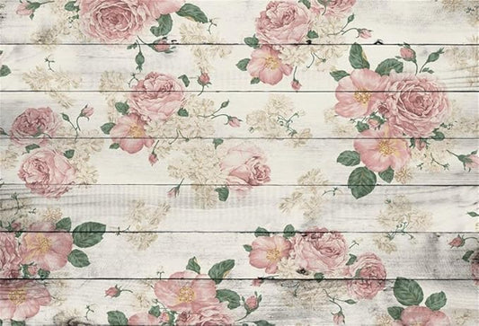 AOFOTO 8x6ft Vintage Floral Wooden Plank Backdrop Retro Wood Board with Pink Roses Photography Background Mother's Day Lady Girl Woman Portrait Wedding Birthday Party Supplies Photo Studio Props