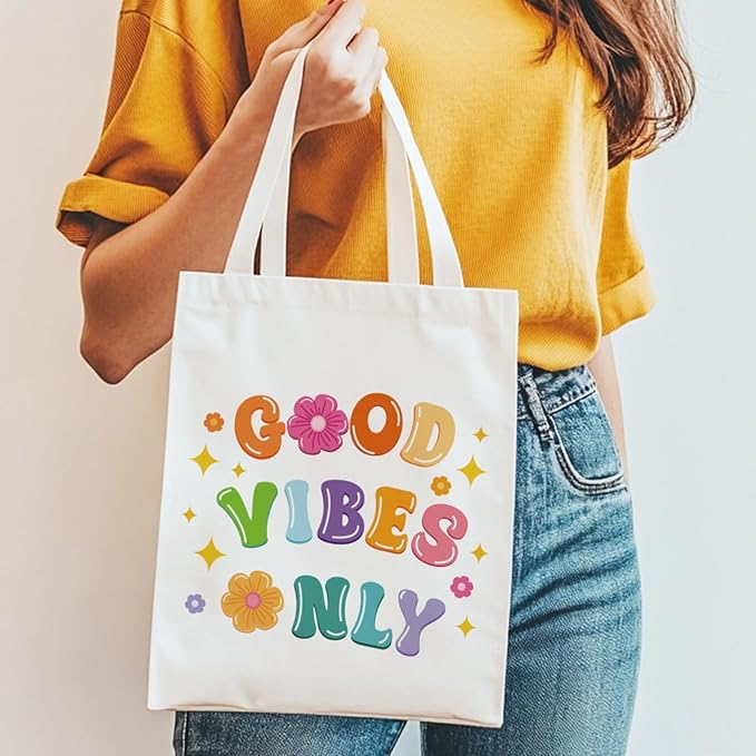ANATTASOUL Canvas Tote Bag Color Boho Letter Reusable Cotton Bag for Women, Durable Cloth Shoulder Bags with Zipper Pockets for Shopping, Vacation, Work, Gym