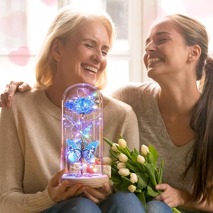 Christmas Rose Gifts for Women Mom Birthday Gifts, Galaxy Glass Rose Forever Preserved Flowers for Delivery Prime Light Up Rose in Glass Dome with Butterfly Xmas Gifts for Grandma Her Wife Daughter