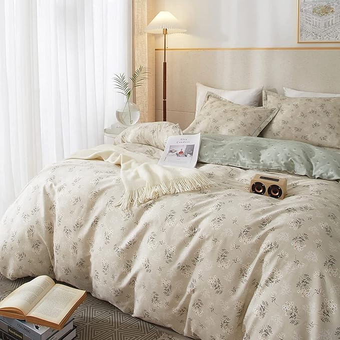 LifeTB Boho Floral Duvet Cover Twin Kids Girl Garden Style Bedding Sets 100% Cotton White Beige Sage Green Floral Branches Pattern Comforter Cover Lightweight Soft Chic Floral Bedding Collection