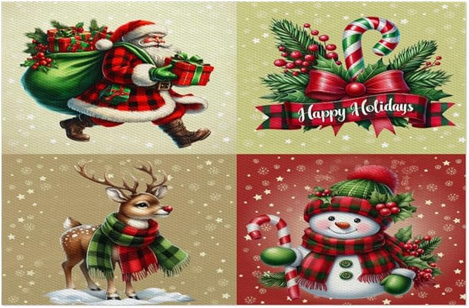 Christmas Waffle Santa Claus Cute Placemats Set of 6 PVC Vinyl Non Slip Table Mats Heat Resistant Place Mats Washable Wipeable Dining Table Mat for Kitchen Decor Party Indoor Outdoor Decorative Gift