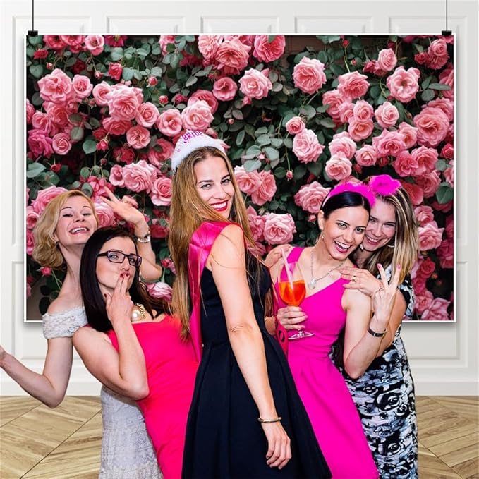 9x6ft Pink Flower Wall Backdrop Roses Floral Background Spring Tea Party Photography Banner for Wedding Birthday Bridal Shower Mother's Day Women's Day Valentine's Day Princess Portraits
