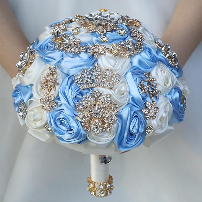 Handmade Satin Rose Floral Bling Pearl Decor Bridal Wedding Bouquet Rhinestone Pendant Artificial Brooch Flowers for Bride Bridesmaid Quinceanera