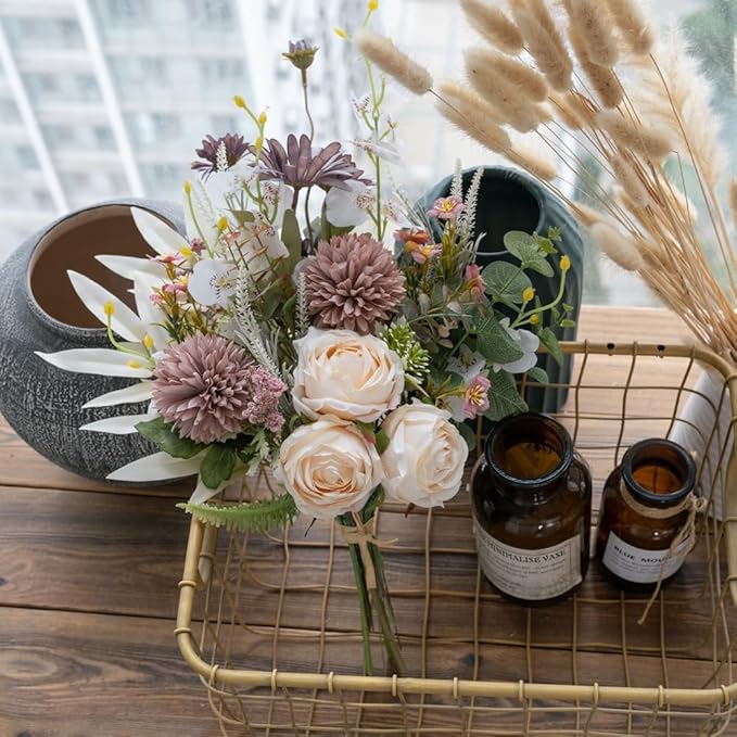 16-inch Artificial Fake Flowers Silk Table Arrangements Faux Plastic Floral Centerpieces for Home Kitchen with Roses, Dandelions, Chrysanthemum, Phalaenopsis, Eucalyptus, Sages, Orchids