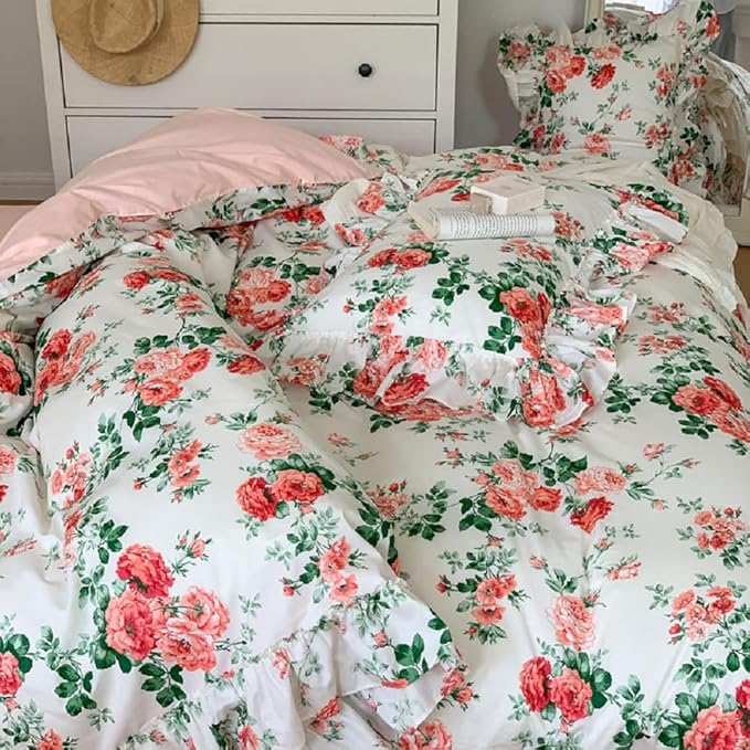 Girls Flower Comforter Set Twin XL Boho Style Pink Floral Comforter with Romantic Ruffle Aesthetic Rose Flower Cottagecore Bedding Set Fluffy Soft Vintage Botanical Comforter Set with 2 Pillowcases