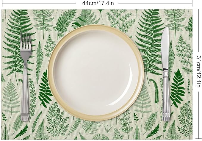 Vintage Leaves Placemats Set of 8, 17x12 Inch Green Boho Abstract Aesthetic Tropical Botanical Leaves Modern Art Printed Table Mats for Home Party Kitchen Dining Decor