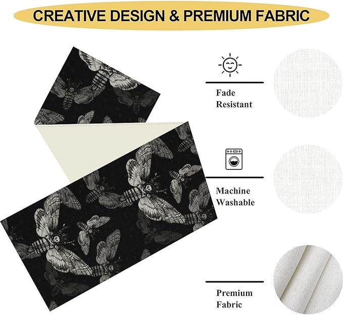 Gothic Moth Table Runner, Boho Gothic Mystical Witchy Skull Retro Farmhouse Coffee Table Center Decor for Home Kitchen Dining Patio Holiday Party Table Decorations 13x36 inches