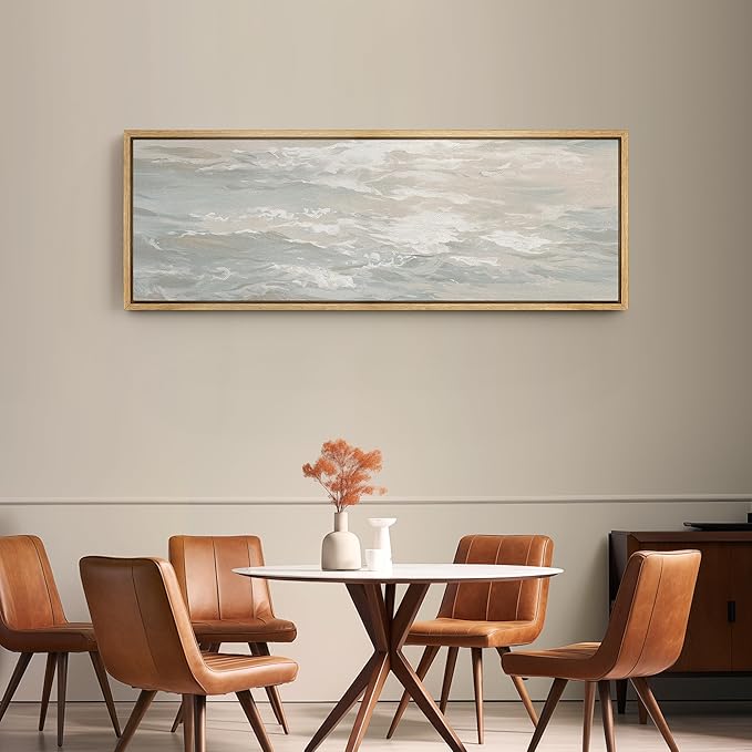 SIGNFORD Large Framed Canvas Print Wall Art Ocean Waves Minimalist Coastal Seascape in Soft Neutral Tones Illustrations Modern Art Relax/Calm Warm for Living Room, Bedroom, Office - 60"x20"