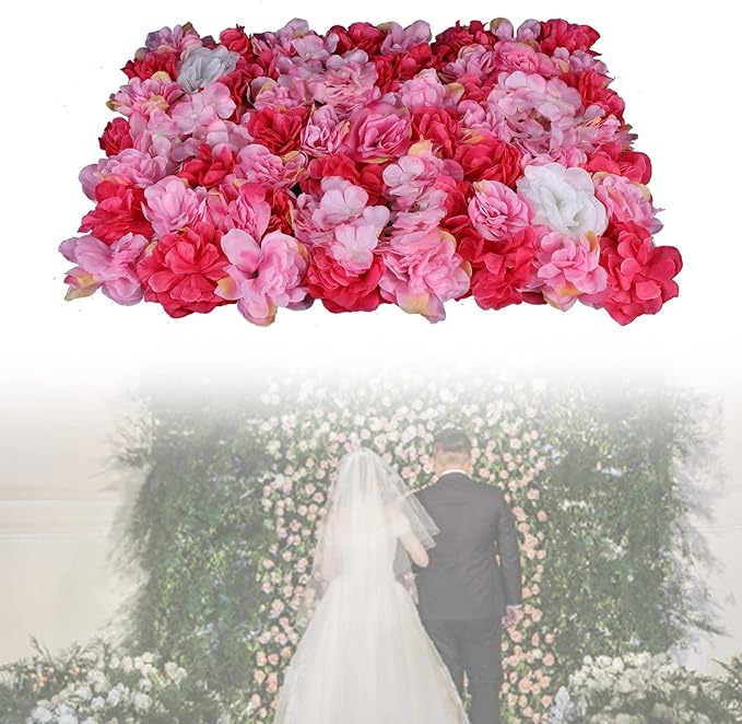Artificial Flower Wall Panels, Silk Wedding Flower Wall Backdrop Panel, 3D Floral Panel Artificial Floral Wall Mat Flower Screen for Photo Party Wedding Wall Background Decor (6PCS Rose Red+Dark Pink)
