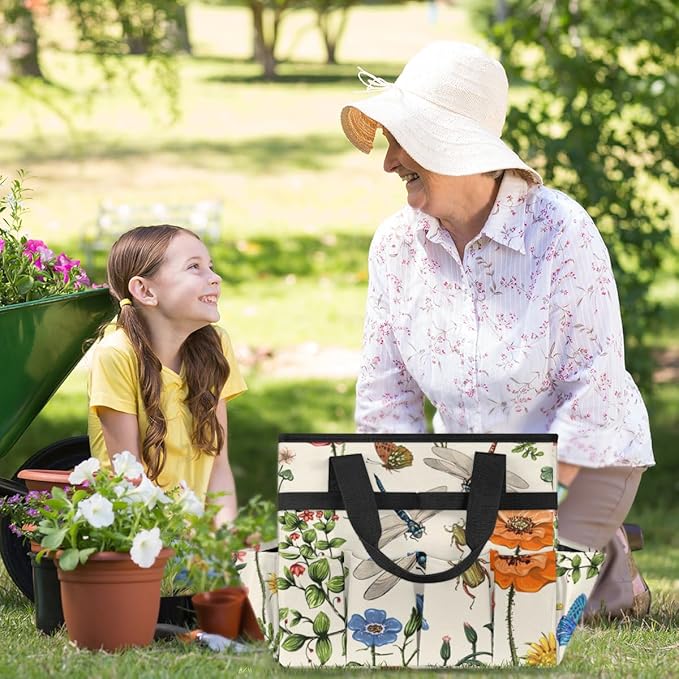 Garden Tool Tote Bag for Women Men Flower Butterfly Dragonfly Gardening Tool Storage Bags with 10 Pockets Standable Garden Home Tool Kits Organizer for Indoor Outdoor Gardening Gifts