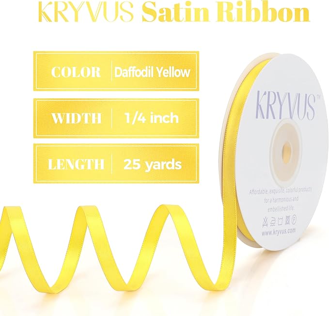 Daffodil Yellow Satin Ribbon, Double Faced 1/4 Inch X 25 Yards Daffodil Ribbon, Premium Satin Ribbon for Gift Wrapping, Crafts, Hair Bow Making, Sewing, Flower Bouquet, Wedding Party Decor
